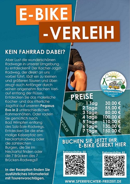 Aushang E-Bike-Verleih mit Preisübersicht: 1 Tag 30 Euro bis 7 Tage 150 Euro, Buchung per QR-Code getrennt nach Rahmenhöhe 45 und 50.