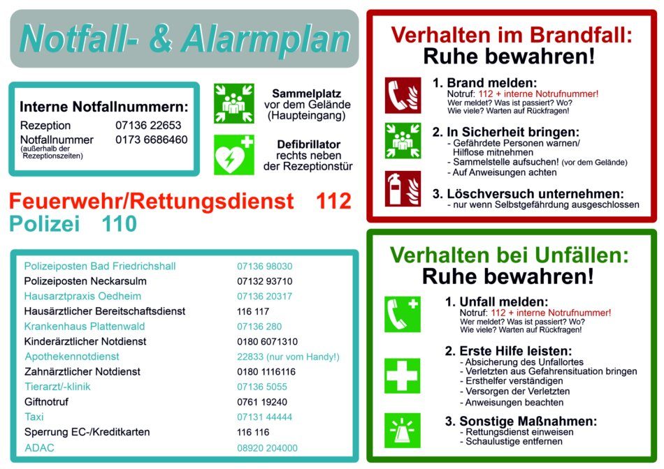 Notfall- und Alarmplan des Sperrfechter Freizeitparks mit Notrufnummern und Verhaltensregeln