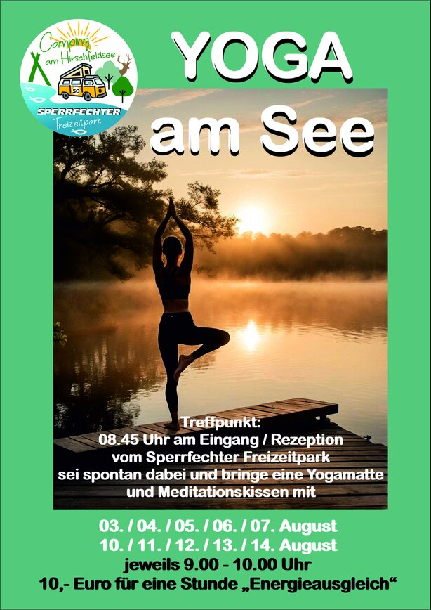 Yoga auf dem Steg am Hirschfeldsee im Morgenlicht